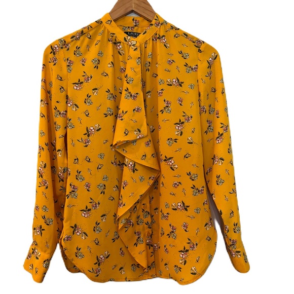 Lauren Ralph Lauren Gold Floral Georgette Button Down Size XS - Picture 1 of 9